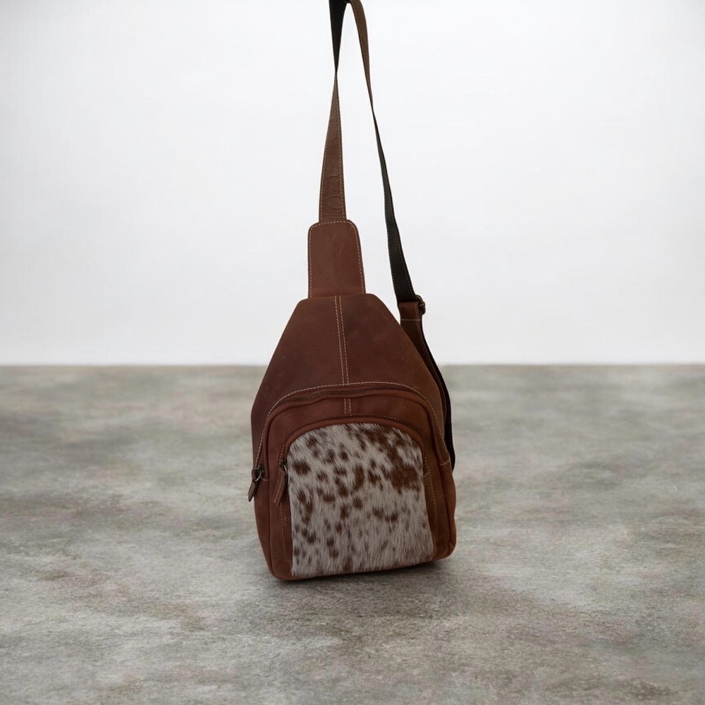 Brown Leather Sling Bag with Cowhide Front Pocket - from New Zealand